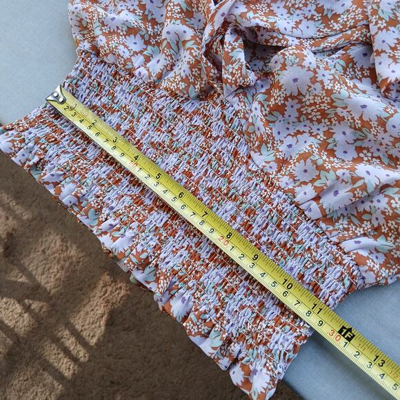 Forever 21 Sheer Floral Crop Top S orange purple festival smocked long sleeves - Picture 14 of 16